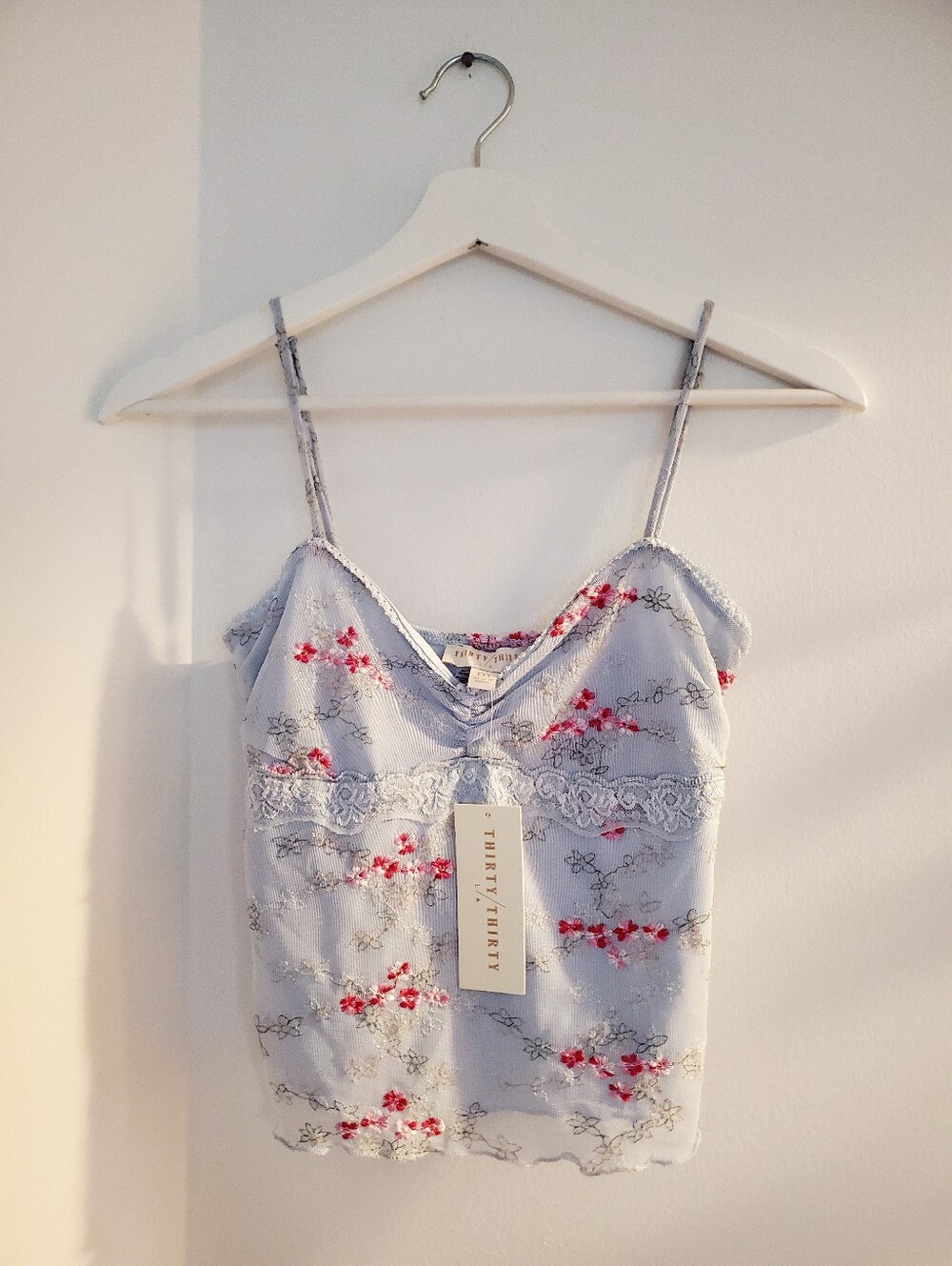 NWT Floral Lace Trim Light Blue Camisole with Red Accents